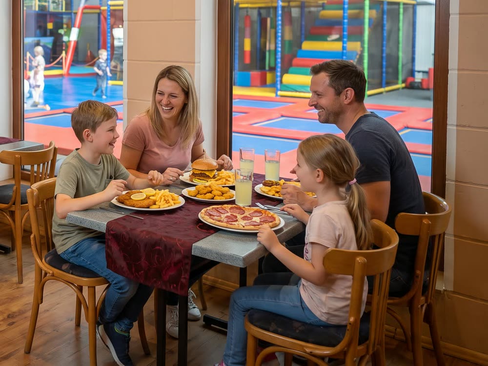 Familie isst im Restaurant des Freizeitparks Landsberg, im Hintergrund das Kinderparadies