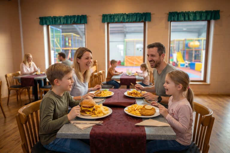 Familie mit zwei Kindern isst gemeinsam im Restaurant des Freizeitparks Landsberg, auf dem Tisch vier Teller mit Burger, Schnitzel und Nuggets, hinter den Fenstern das Kinderparadies
