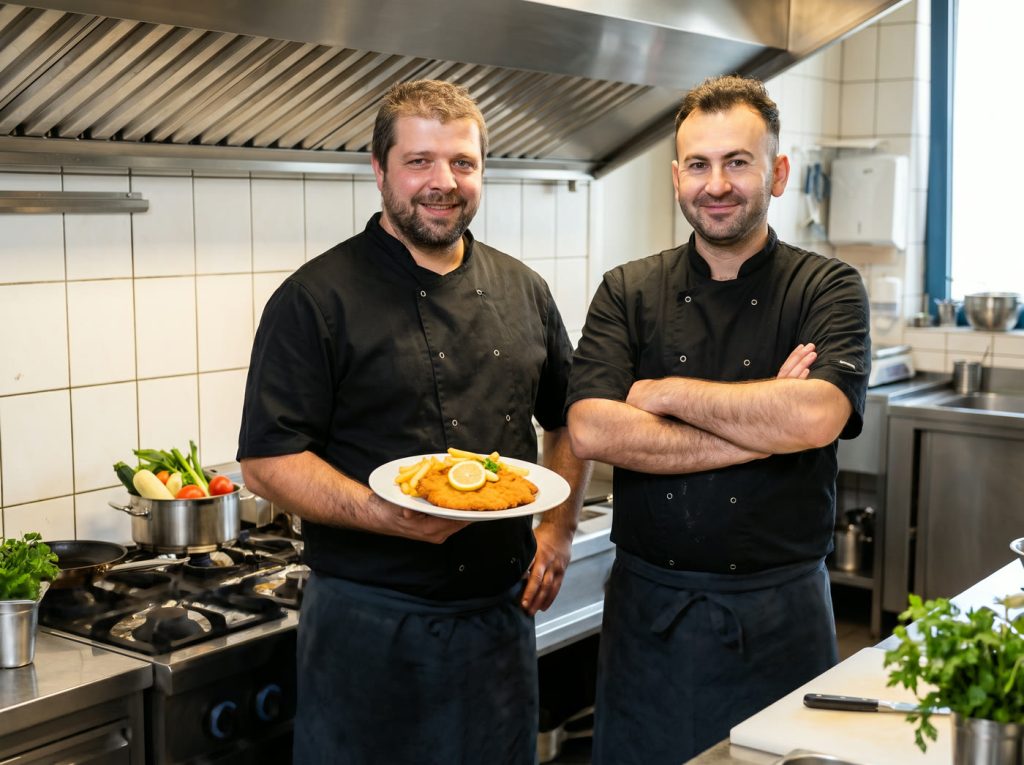 Die beiden Köche des Restaurants Kidoo’s Zauberpfanne in der Küche, einer hält einen Teller mit Schnitzel und Pommes