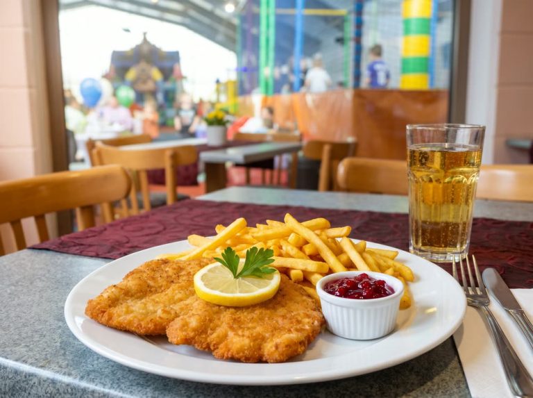 Schnitzel Wiener Art mit Pommes und Preiselbeeren im Restaurant des Freizeitparks Landsberg