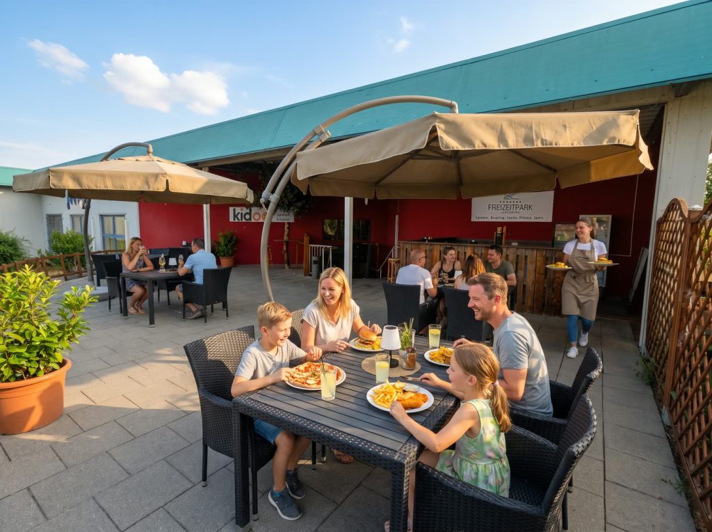 Familie beim Essen auf der Sommerterrasse des Restaurants im Freizeitpark Landsberg