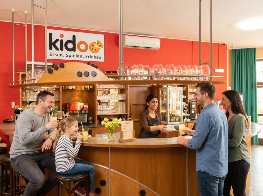 Theke des Restaurants im Freizeitpark Landsberg mit Gästen