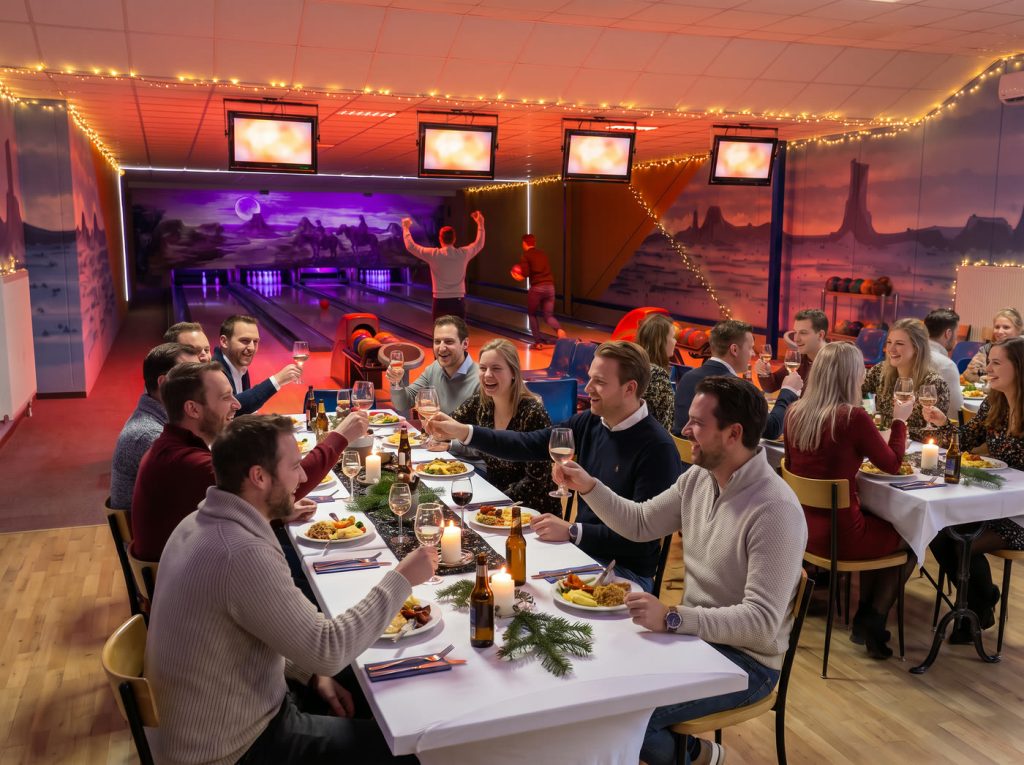 Weihnachtsfeier im Bowlingbereich des Freizeitparks Landsberg: voll besetzte, festlich gedeckte Tafeln mit Kerzen und Lichterketten